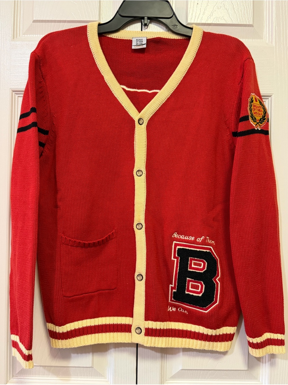 "Because Of Them We Can" Cardigan Sweater (Sz L) Ptp 20”-21.5